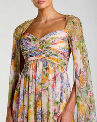 Mac Duggal Multicolor Floral Gown With Beaded Cape Sleeves #11990 Pastel Multi