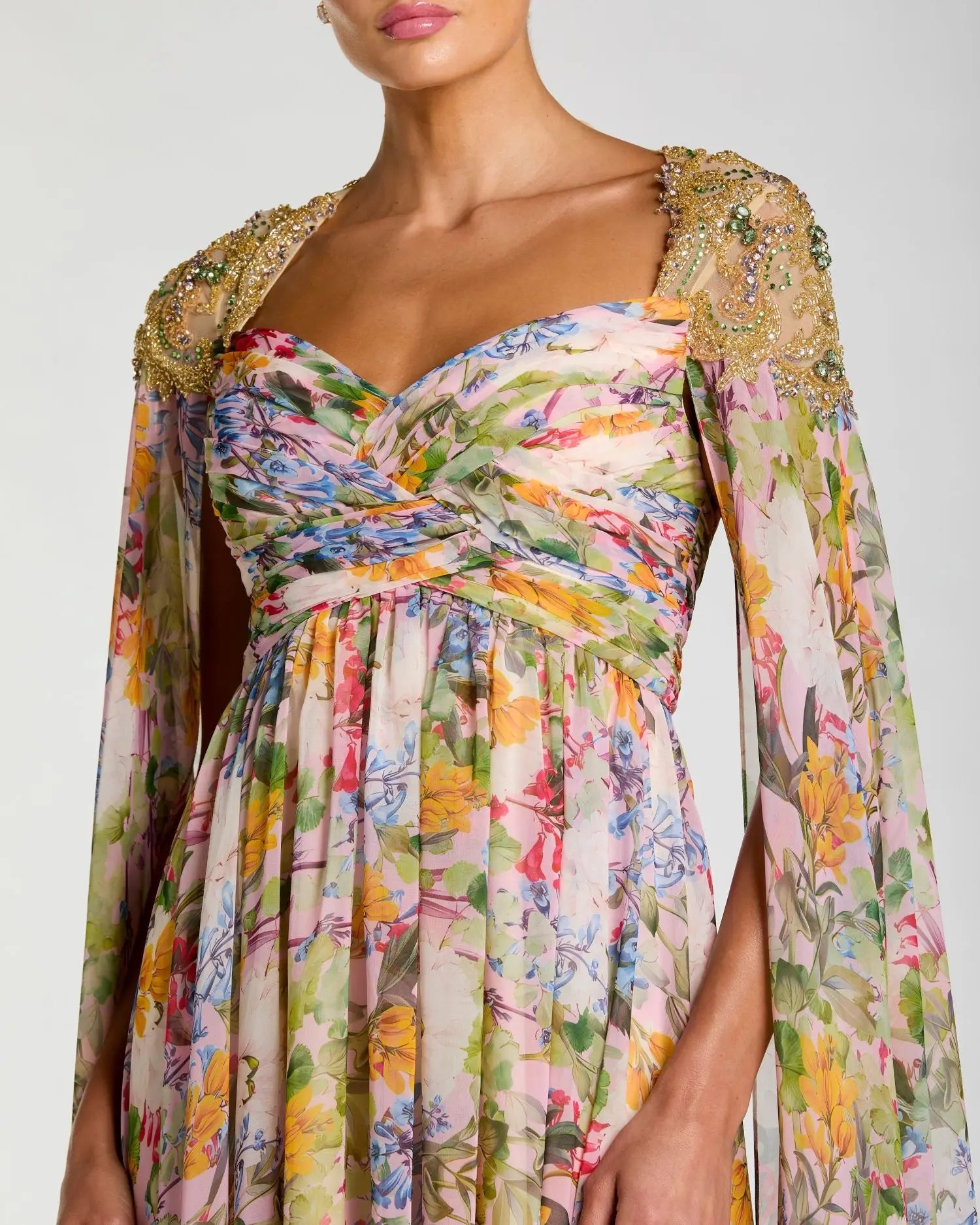 Mac Duggal Multicolor Floral Gown With Beaded Cape Sleeves #11990 Pastel Multi