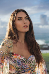 Mac Duggal Multicolor Floral Gown With Beaded Cape Sleeves #11990 Pastel Multi