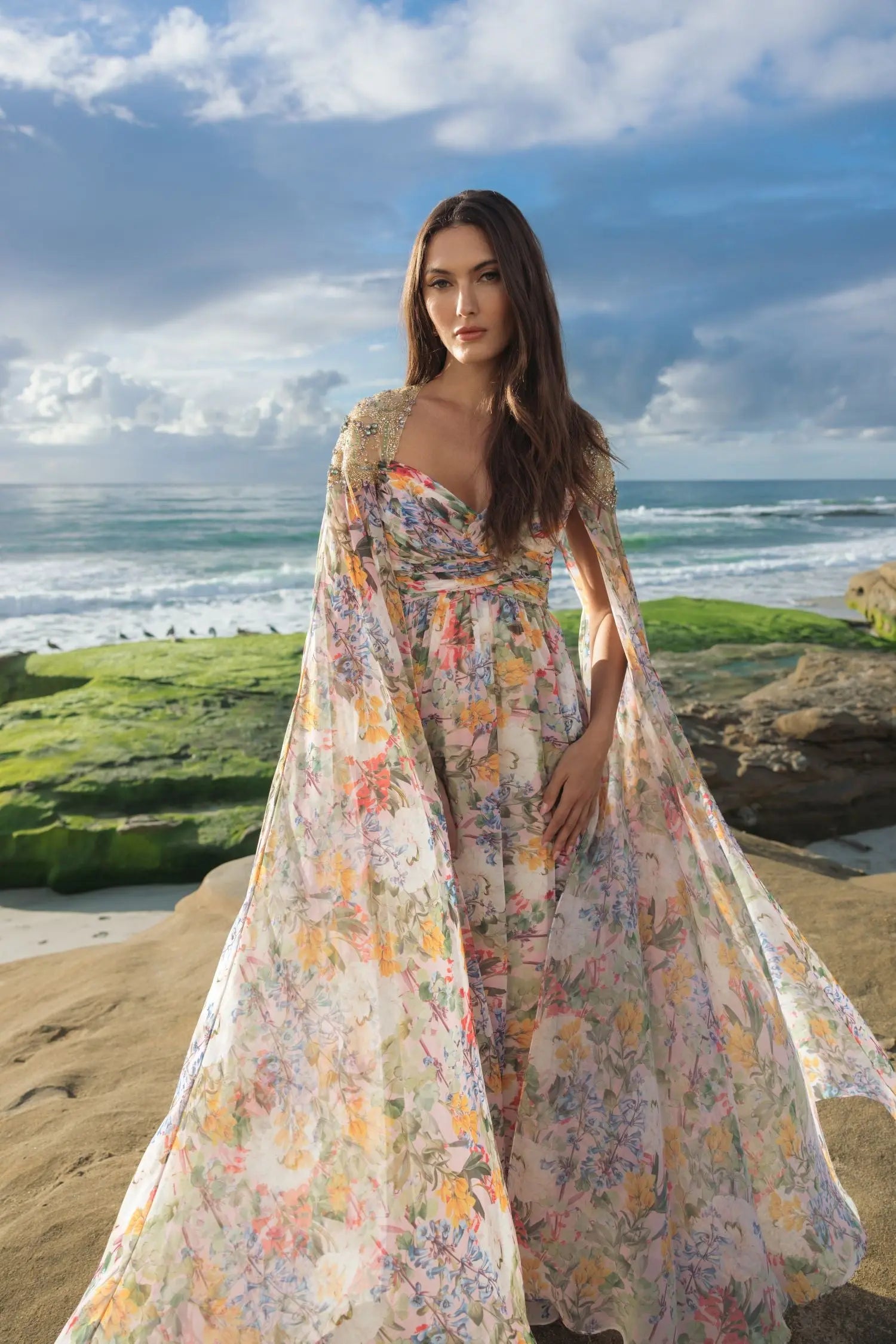 Mac Duggal Multicolor Floral Gown With Beaded Cape Sleeves #11990 Pastel Multi
