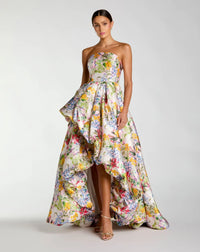 Mac Duggal Multicolor Strapless Floral High Low Bubble Hem Gown #11991 Pastel Multi