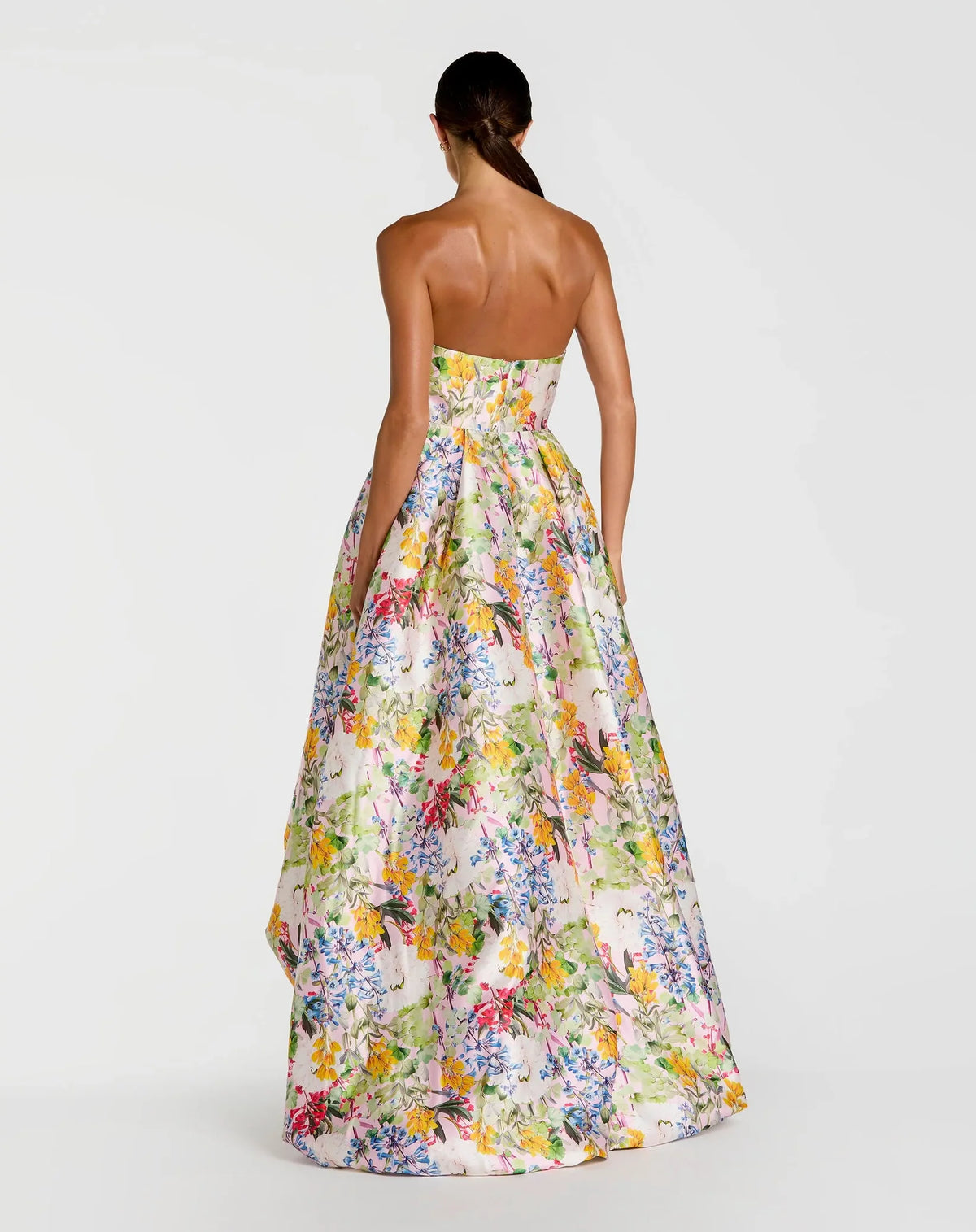 Mac Duggal Multicolor Strapless Floral High Low Bubble Hem Gown #11991 Pastel Multi