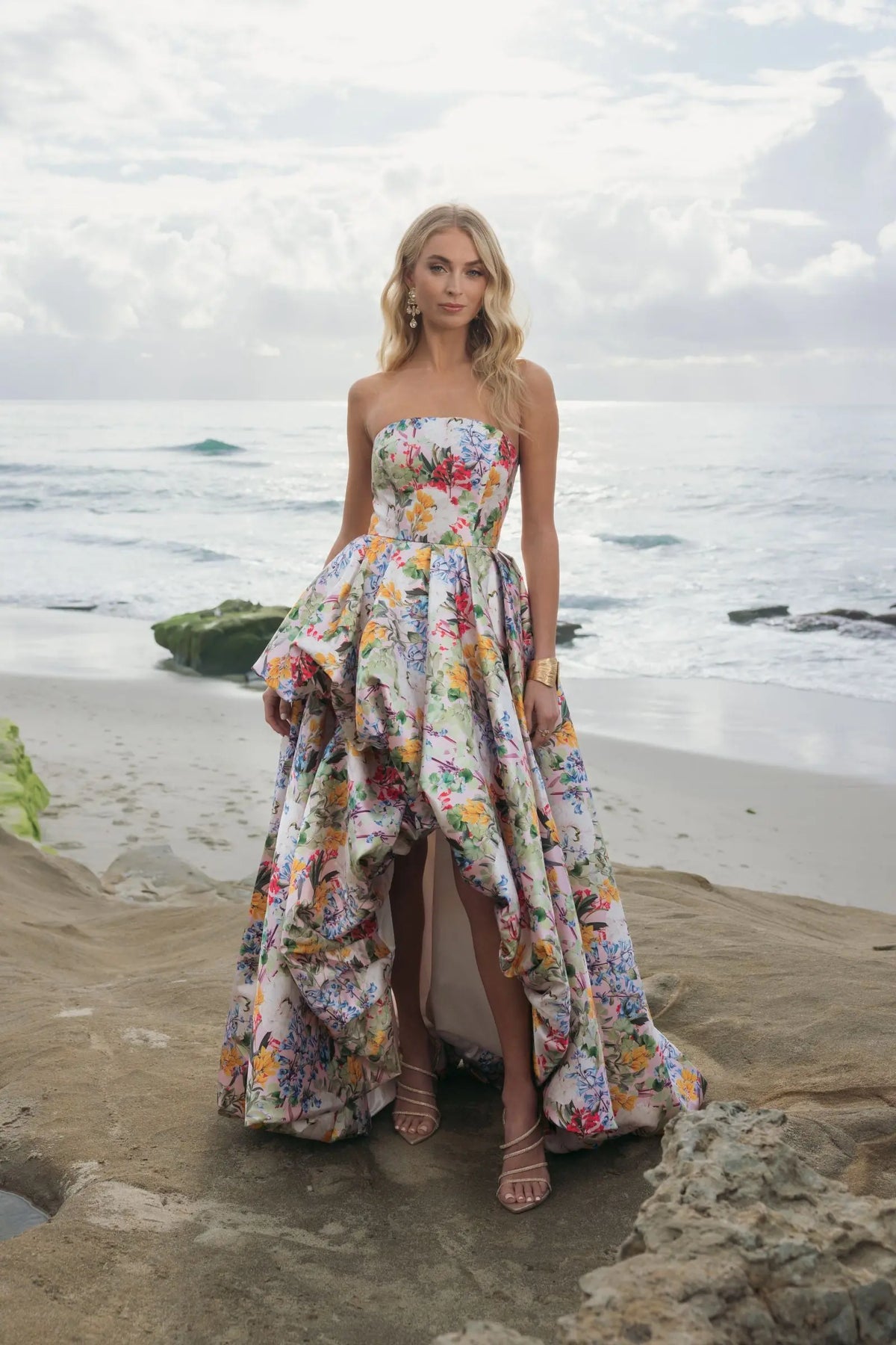 Mac Duggal Multicolor Strapless Floral High Low Bubble Hem Gown #11991 Pastel Multi