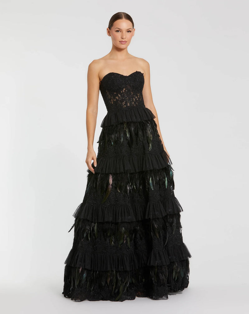Mac Duggal Black Strapless Sweetheart Lace Tiered Feather Ball Gown #49194