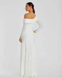 Off-the-shoulder jersey gown with jewel-accented cuffs - Midnight