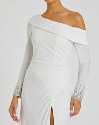 Off-the-shoulder jersey gown with jewel-accented cuffs - Midnight