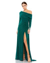 This stunningly elegant, floor-length, emerald green Mac Duggal, evening dress is a long sleeve jersey gown accented with jewelled cuffs and finished with a thigh-high slit! This bodycon, form-fitting evening gown is perfect for proms, black-tie affairs, weddings and special events!