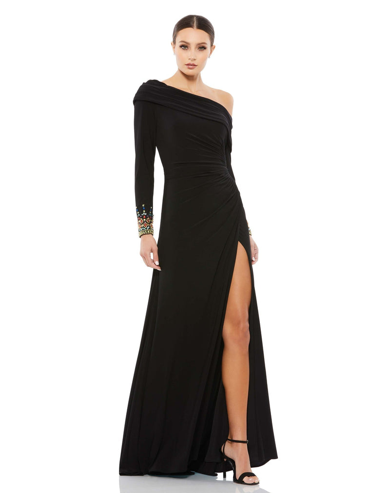 Off-the-shoulder jersey gown with jewel-accented cuffs - Midnight