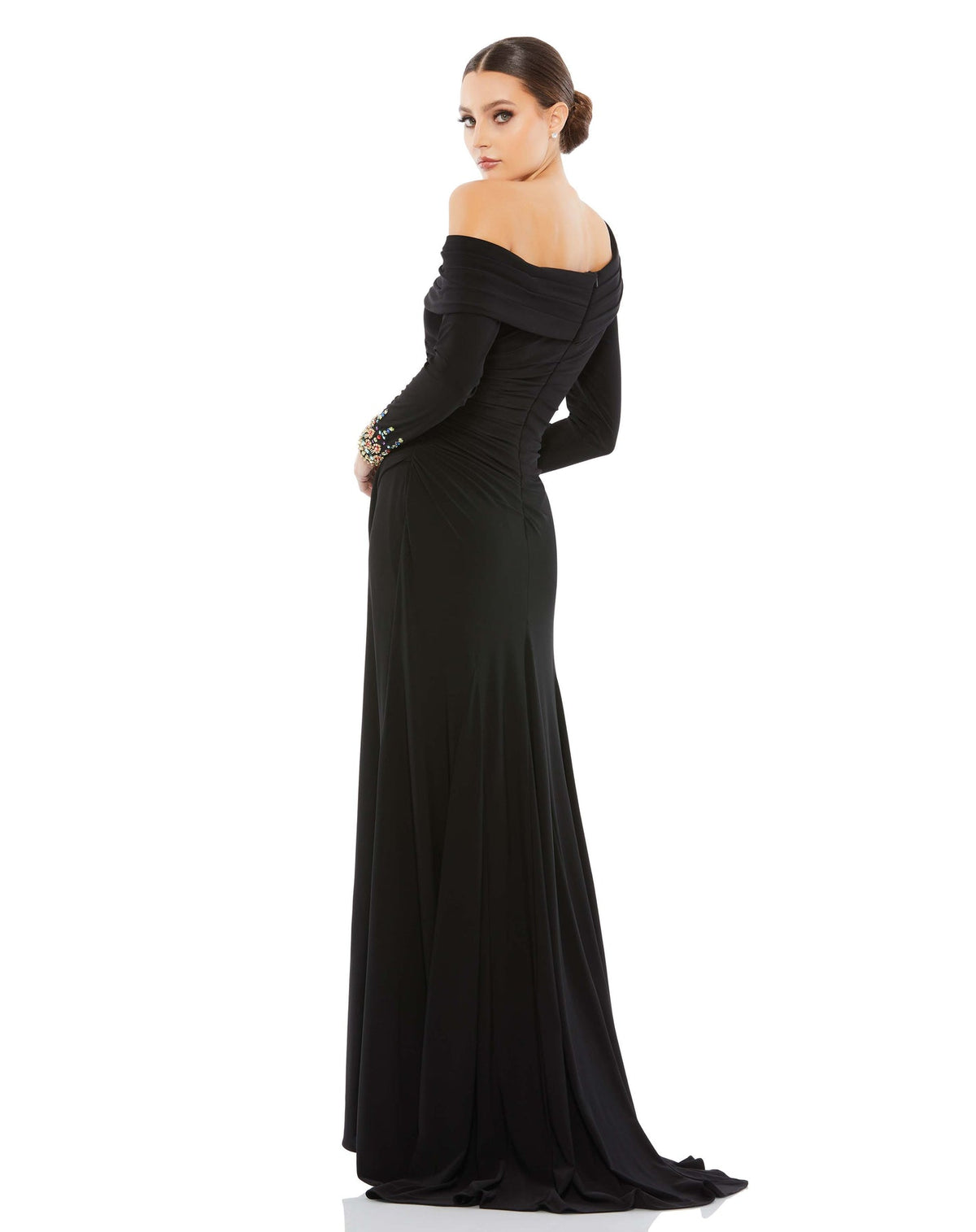 Off-the-shoulder jersey gown with jewel-accented cuffs - Emerald