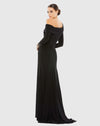 Off-the-shoulder jersey gown with jewel-accented cuffs - Midnight