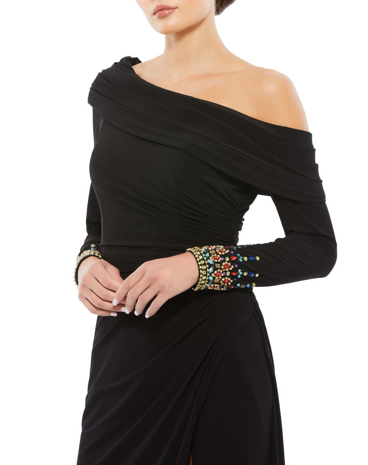 Off-the-shoulder jersey gown with jewel-accented cuffs - White