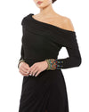 Off-the-shoulder jersey gown with jewel-accented cuffs - Black