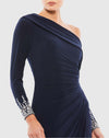 Off-the-shoulder jersey gown with jewel-accented cuffs - Midnight