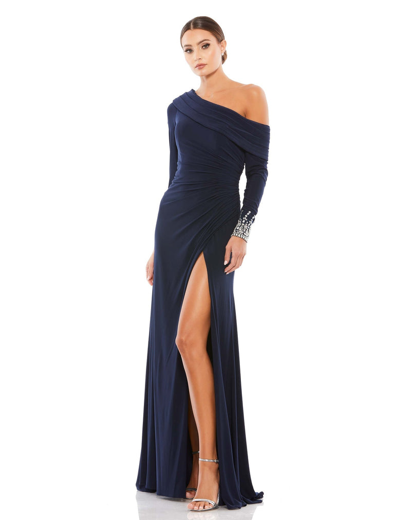 Off-the-shoulder jersey gown with jewel-accented cuffs - White