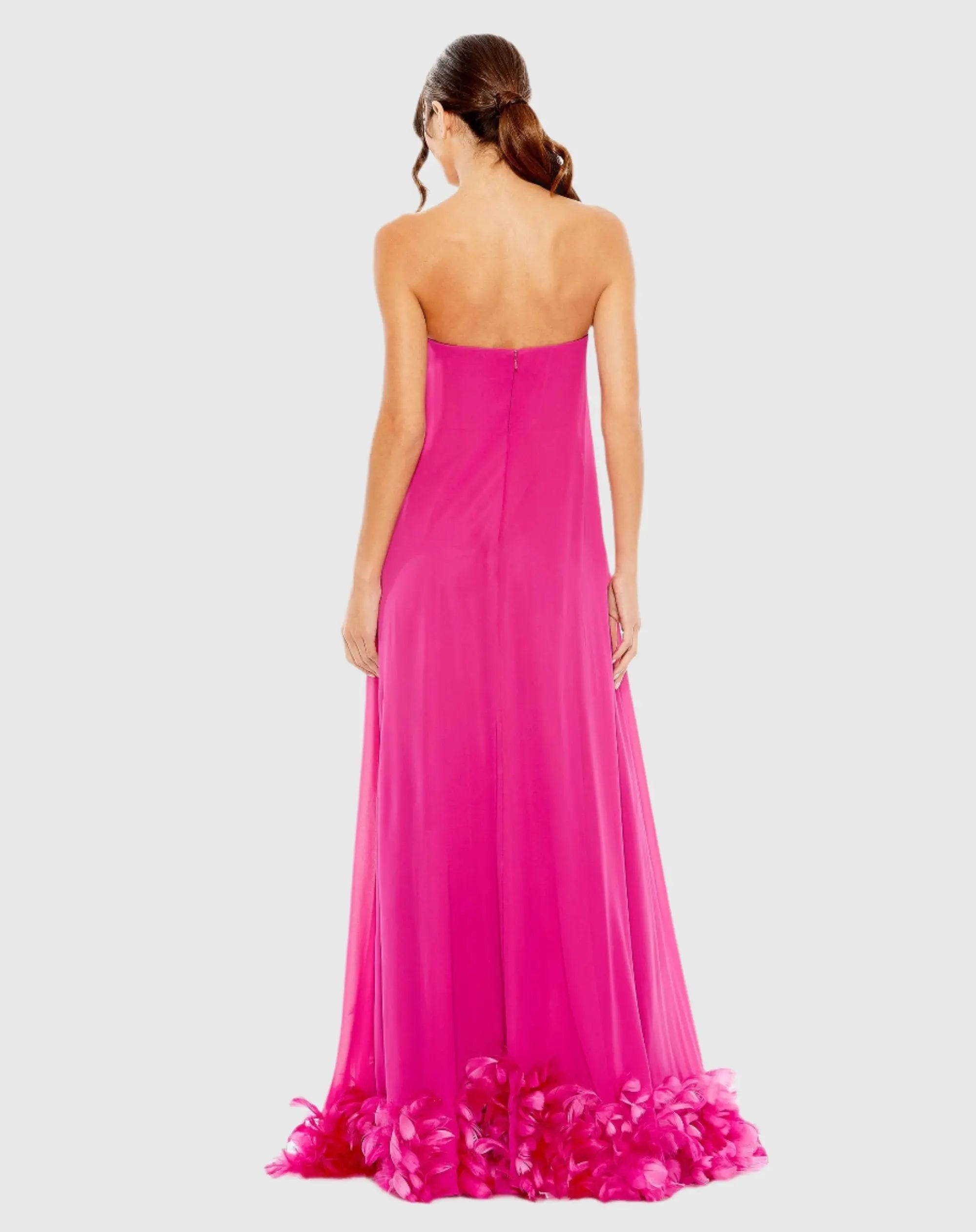 Pink Strapless Flare Feather Hem Gown - Back