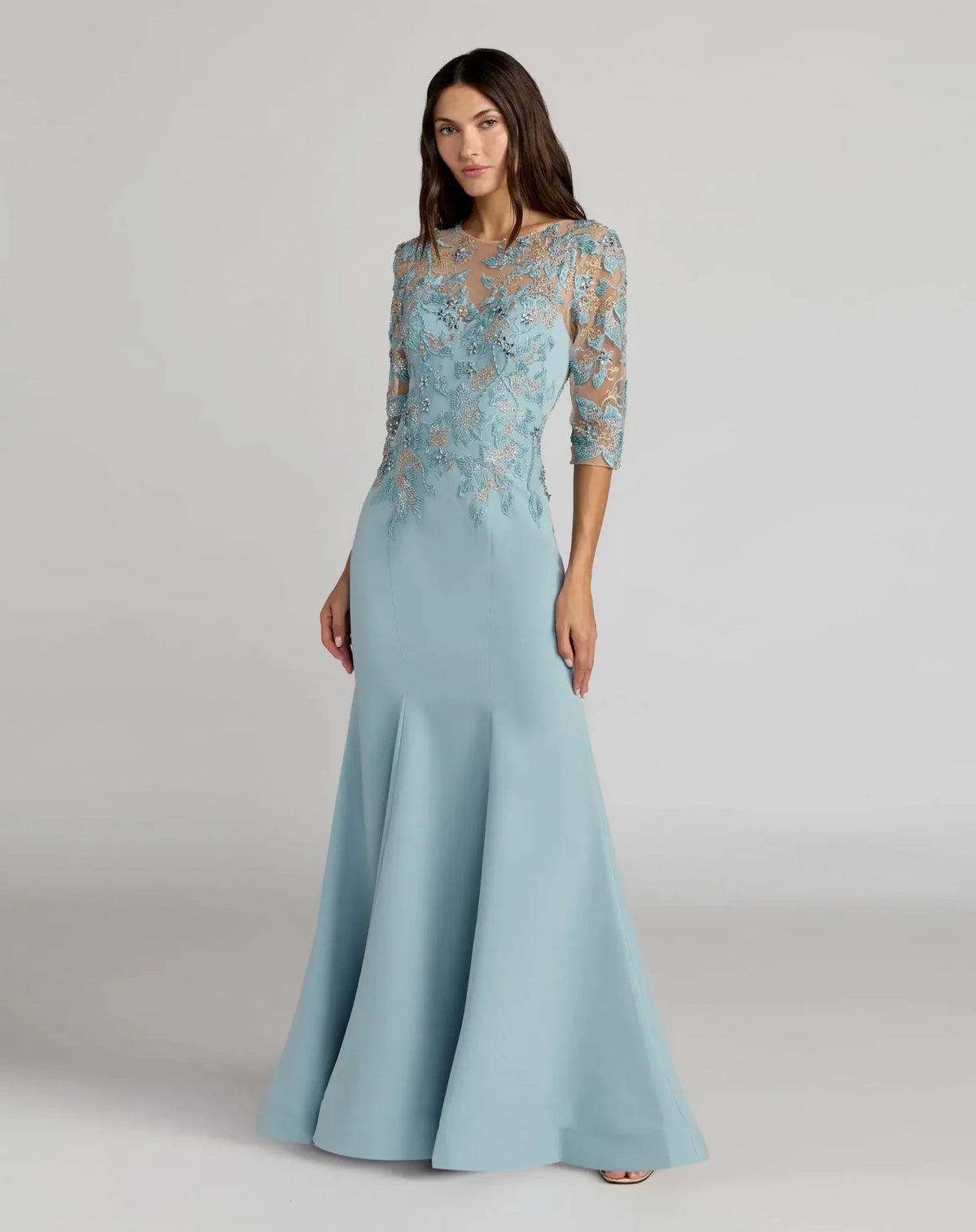 French Blue Embroidered Crepe 3/4 Sleeve Mermaid Gown