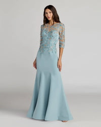 Mac Duggal French Blue Embroidered Crepe Sleeve Mermaid Gown #13204