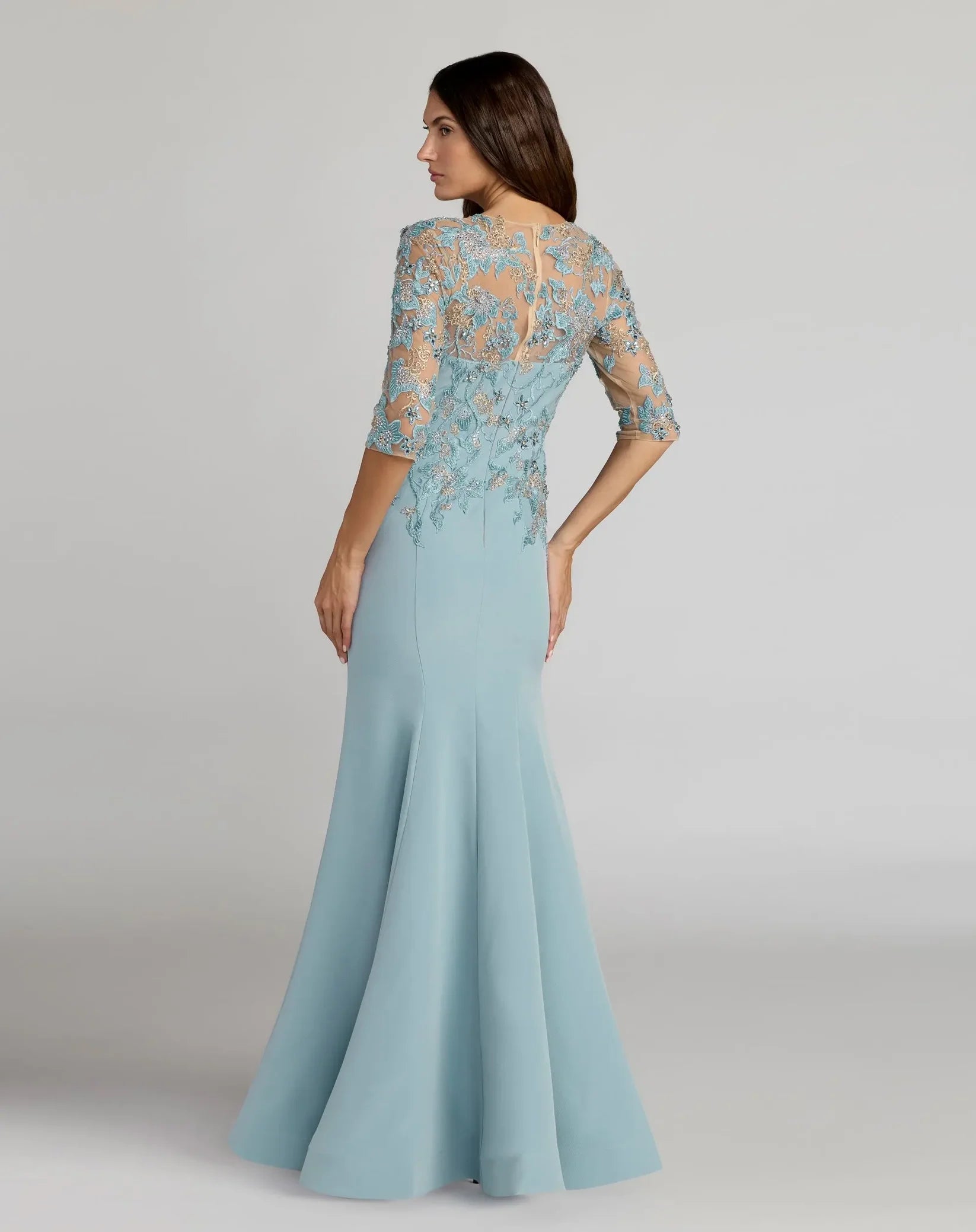 Mac Duggal French Blue Embroidered Crepe Sleeve Mermaid Gown #13204