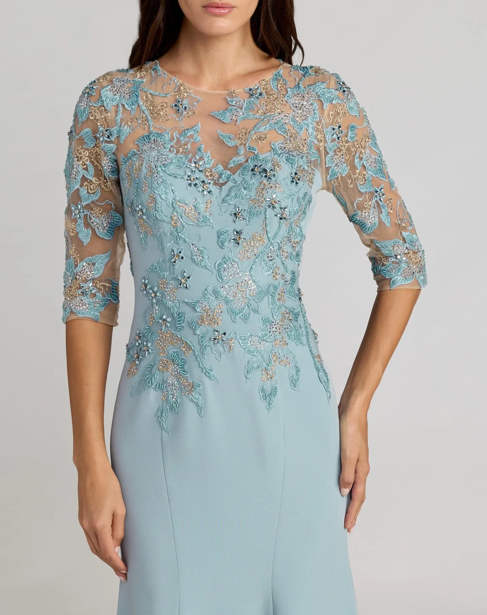 Mac Duggal French Blue Embroidered Crepe Sleeve Mermaid Gown #13204