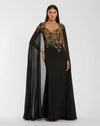 Mac Duggal Black and Gold Embellished Column Gown with Chiffon Cape Sleeves #13206