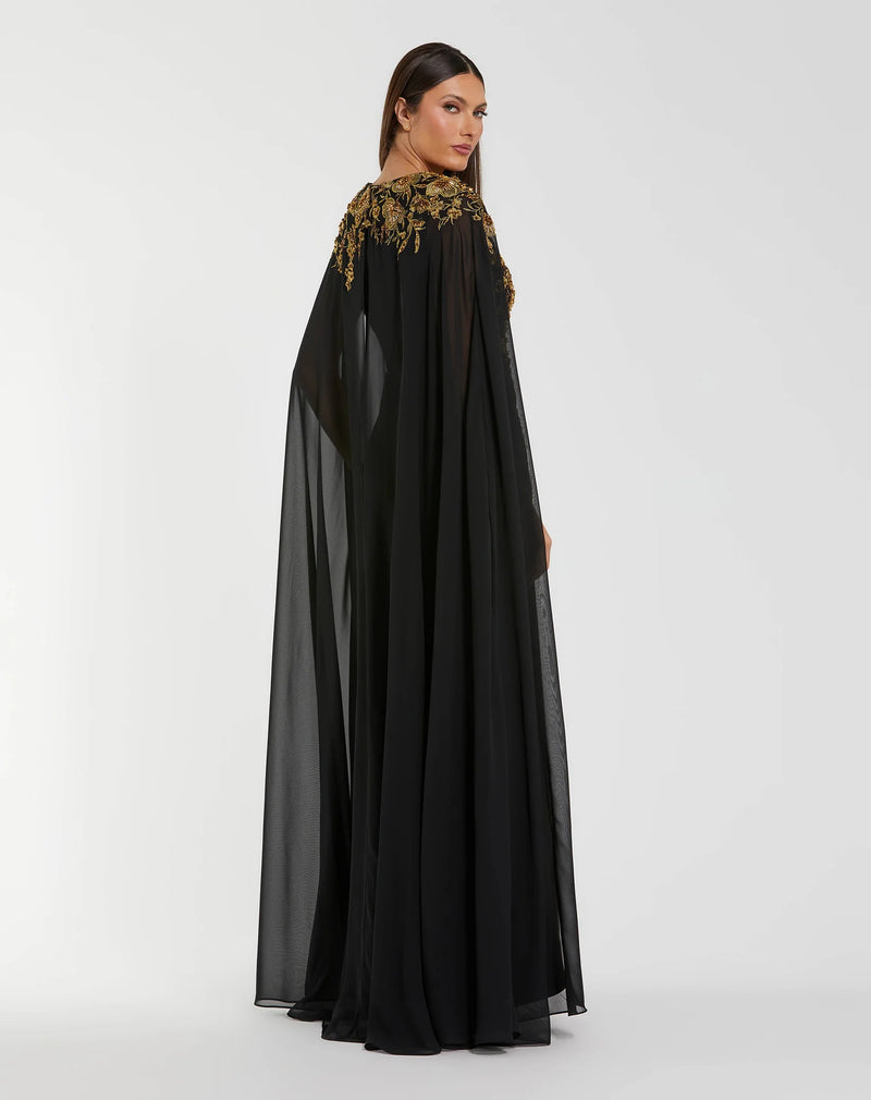 Mac Duggal Black and Gold Embellished Column Gown with Chiffon Cape Sleeves #13206