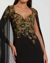 Mac Duggal Black and Gold Embellished Column Gown with Chiffon Cape Sleeves #13206