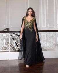 Mac Duggal Black and Gold Embellished Column Gown with Chiffon Cape Sleeves #13206