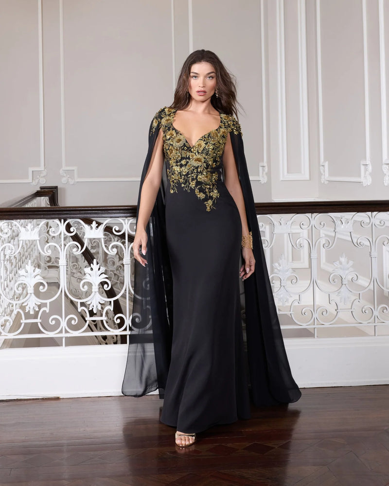Mac Duggal Black and Gold Embellished Column Gown with Chiffon Cape Sleeves #13206