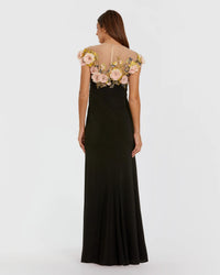 Black Jersey Column Gown With 3D Flower Embellishments - Back