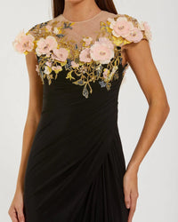 Black Jersey Column Gown With 3D Flower Embellishments - Close Up