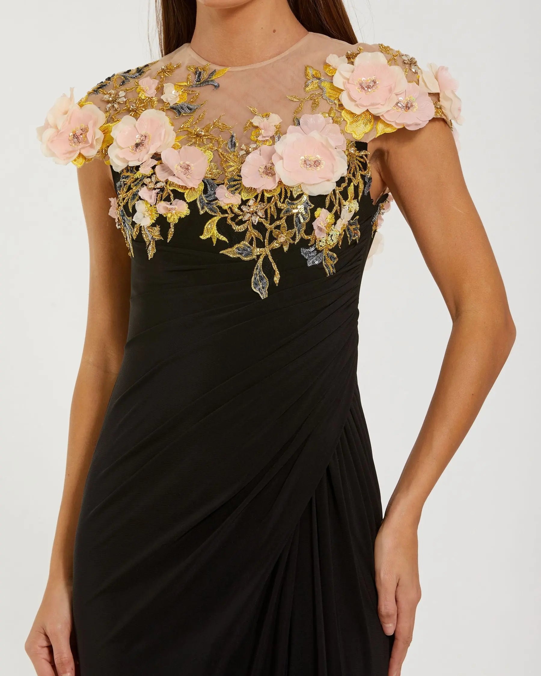 Black Jersey Column Gown With 3D Flower Embellishments - Close Up