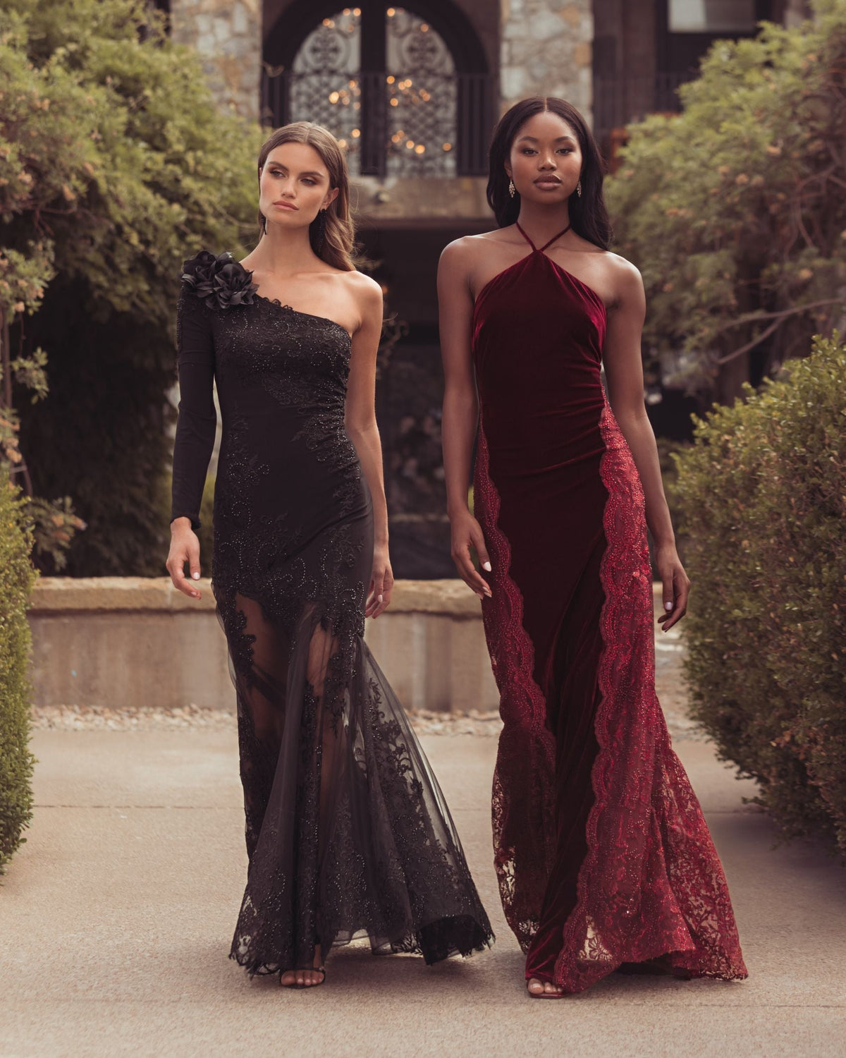 Mac Duggal #21576 burgundy velvet gown group shot