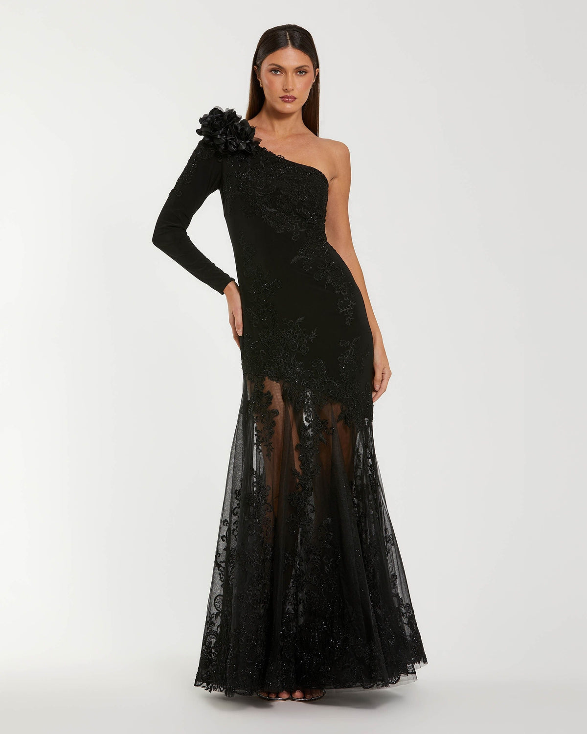 Mac Duggal #13209 black 3d floral one shoulder mermaid gown