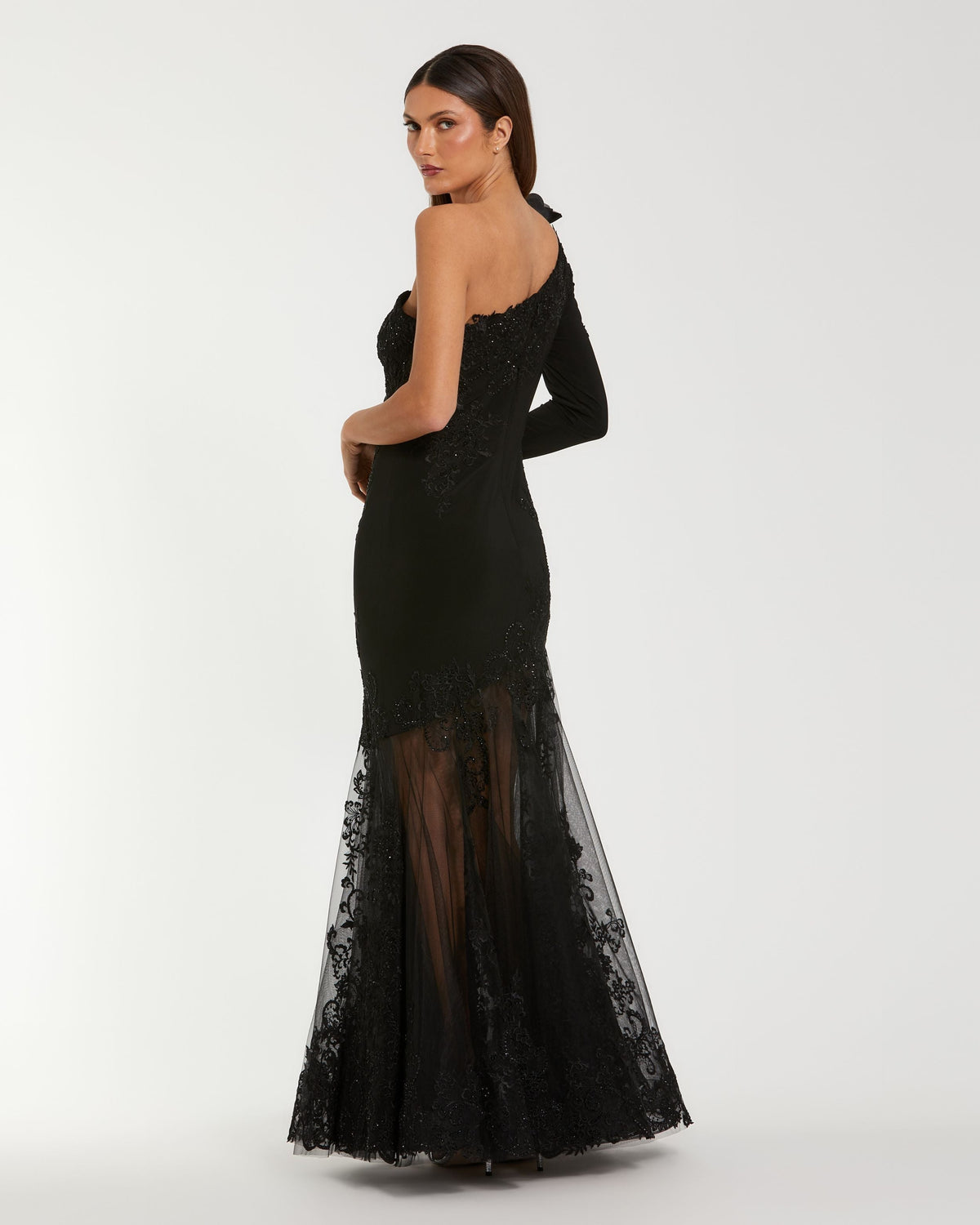 Mac Duggal #13209 black 3d floral one shoulder mermaid gown back view