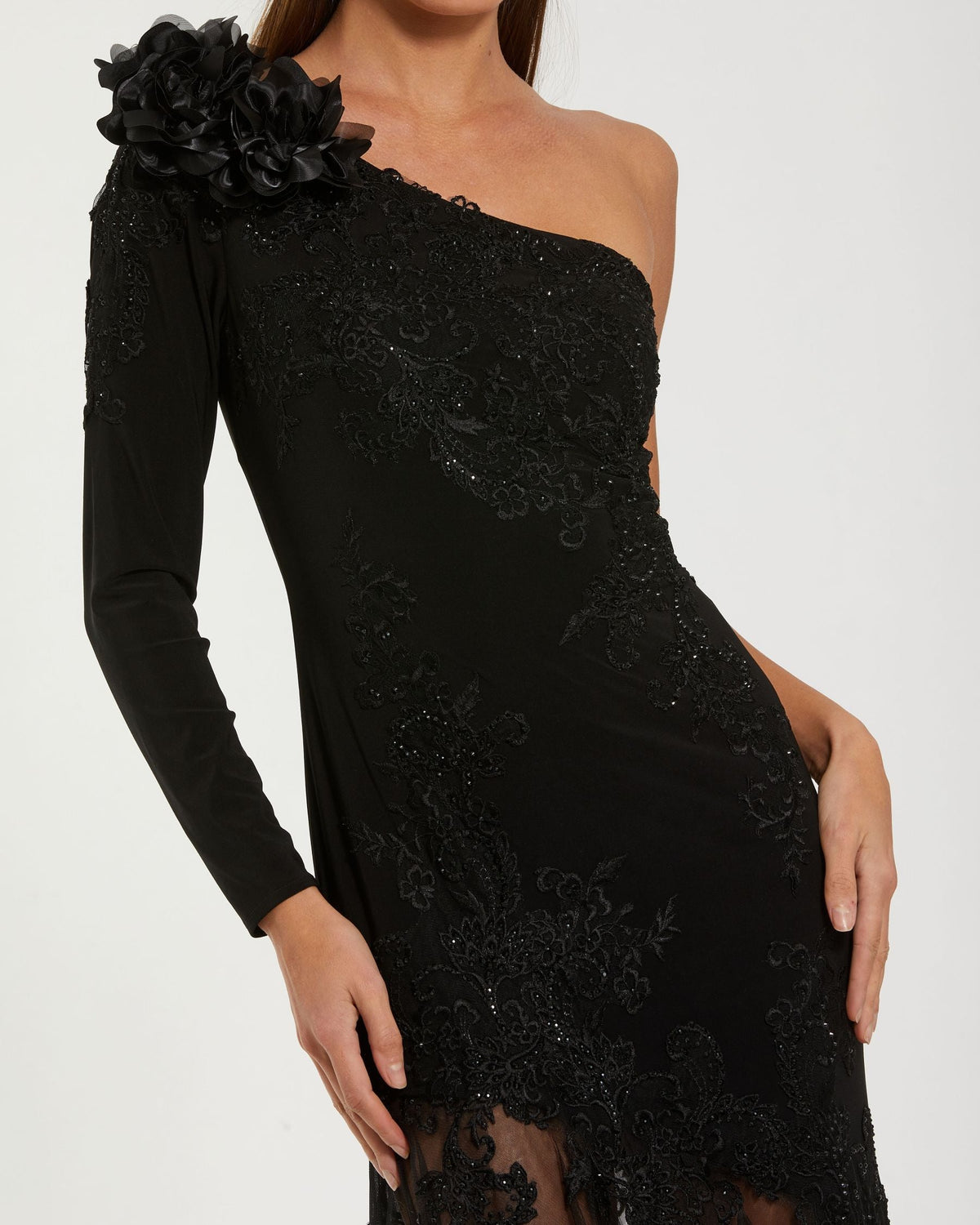 Mac Duggal #13209 black 3d floral one shoulder mermaid gown close-up