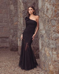 Mac Duggal #13209 black 3d floral one shoulder mermaid gown lifestyle