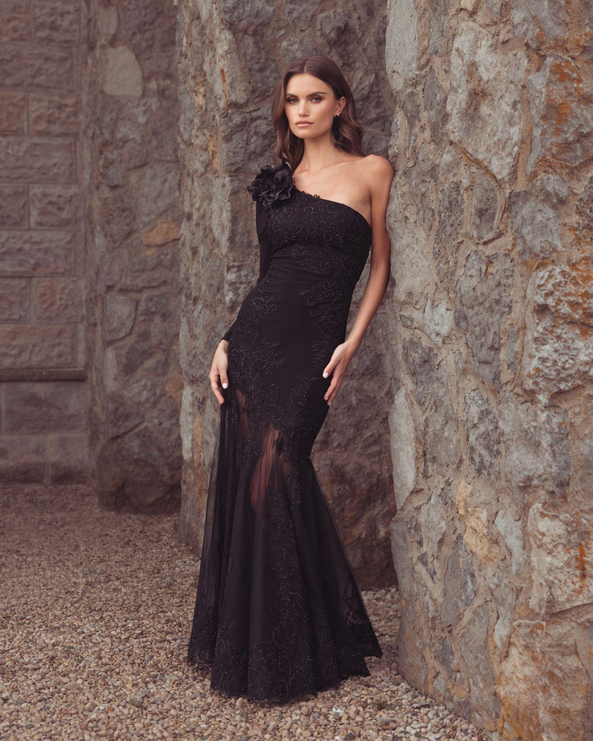 Mac Duggal #13209 black 3d floral one shoulder mermaid gown lifestyle