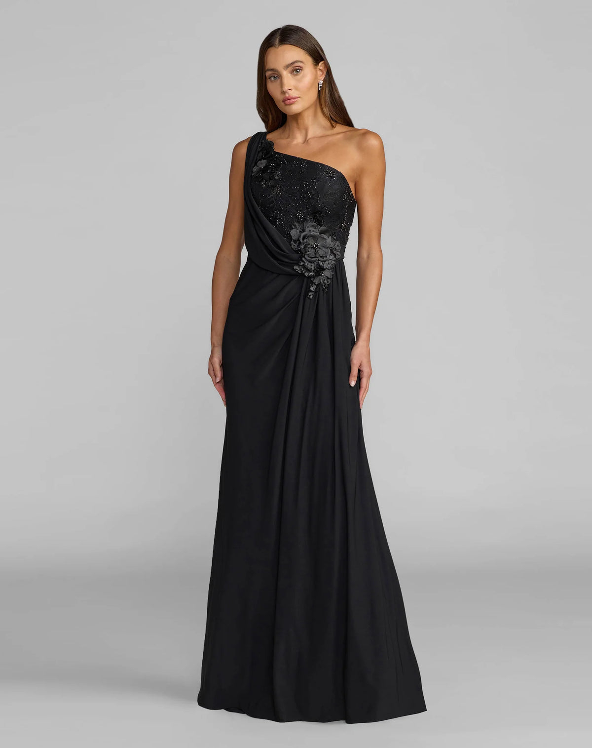 Mac Duggal Black One Shoulder Draped Jersey Gown With 3D Flowers #13210