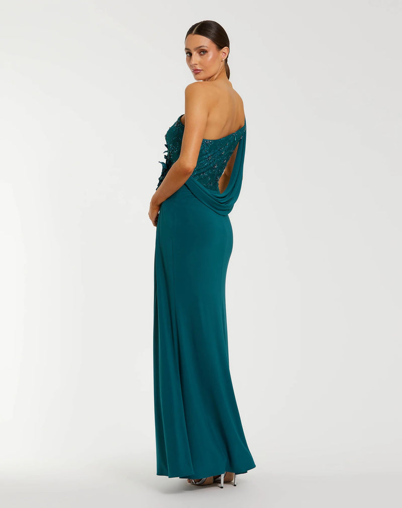 Mac Duggal Teal One Shoulder Draped Jersey Gown With 3D Flowers #13210