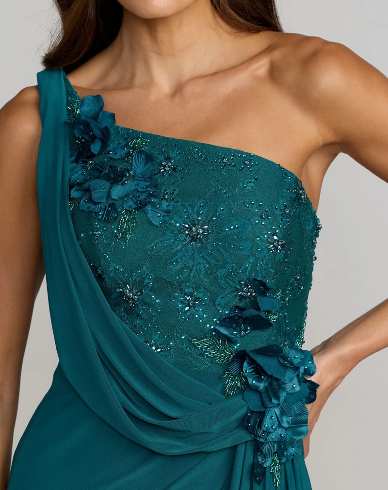 Mac Duggal Teal One Shoulder Draped Jersey Gown With 3D Flowers #13210