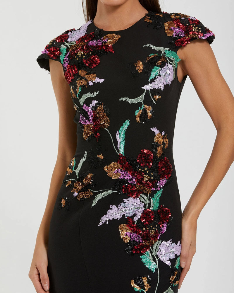 Mac Duggal Black Floral Sequin Embellished Trumpet Gown #13211