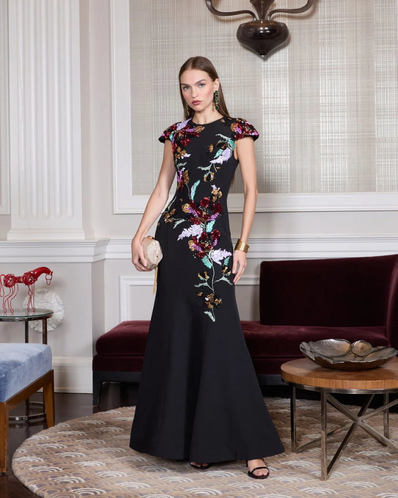 Mac Duggal Black Floral Sequin Embellished Trumpet Gown #13211