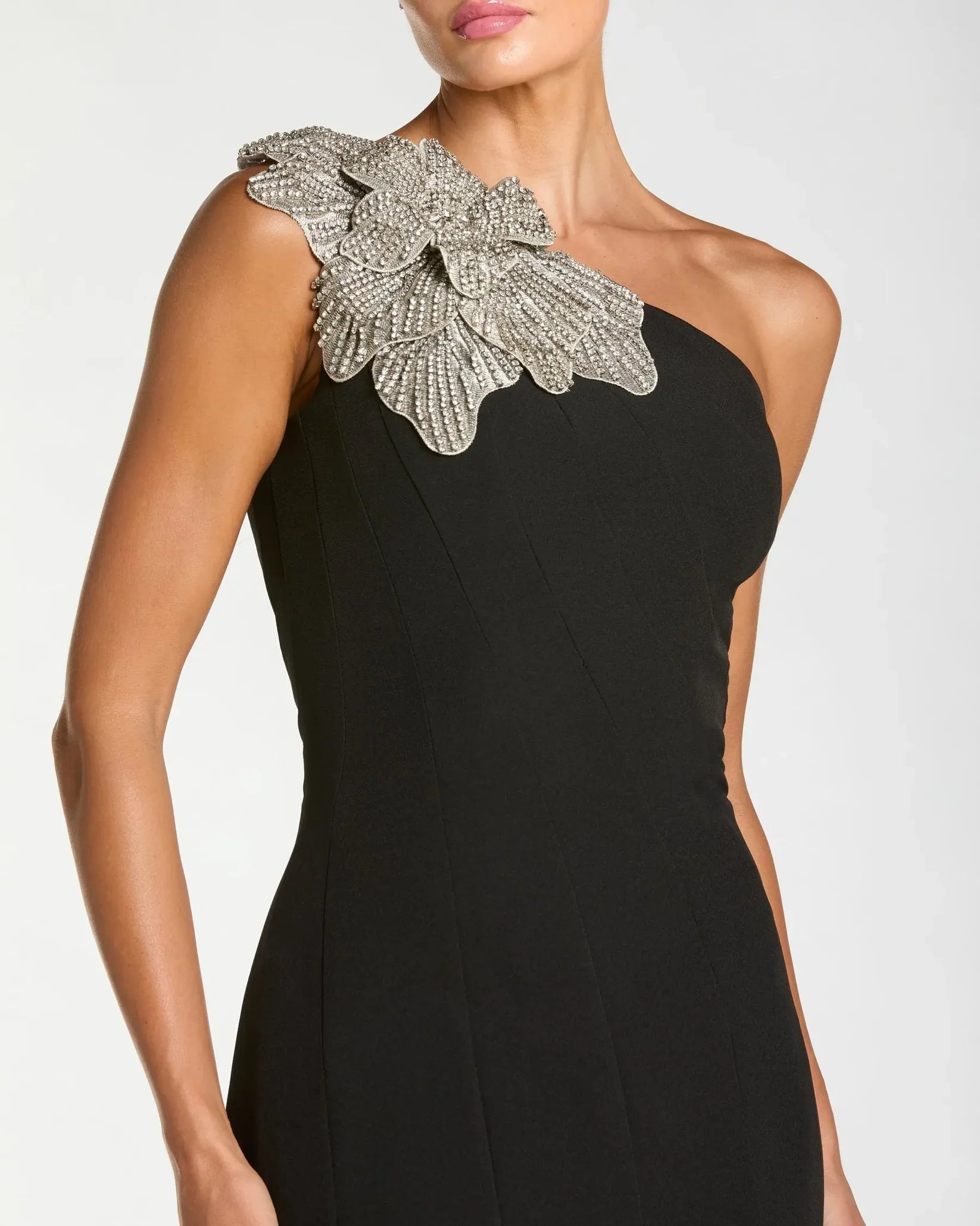 Mac Duggal Black Crepe One Shoulder Midi Dress With Flower #13221