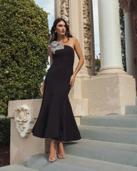 Mac Duggal Black Crepe One Shoulder Midi Dress With Flower #13221