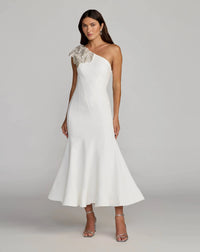 Mac Duggal #13221 ivory crepe one shoulder midi dress with 3d flower