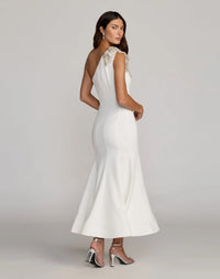 Mac Duggal #13221 ivory crepe one shoulder midi dress with 3d flower