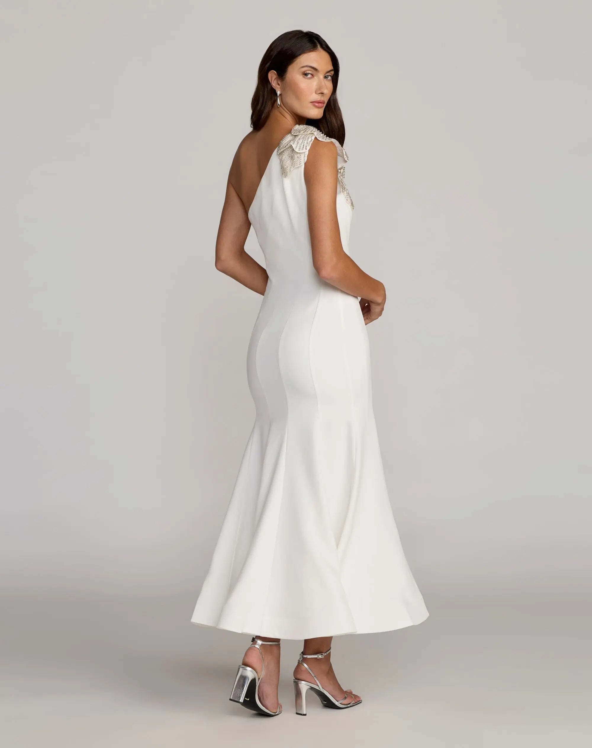 Mac Duggal #13221 ivory crepe one shoulder midi dress with 3d flower
