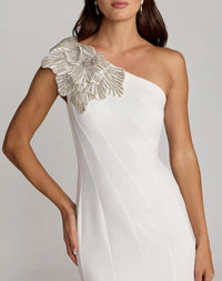 Mac Duggal #13221 ivory crepe one shoulder midi dress with 3d flower