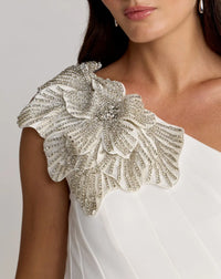 Mac Duggal White Crepe One Shoulder Midi Dress With Flower #13221