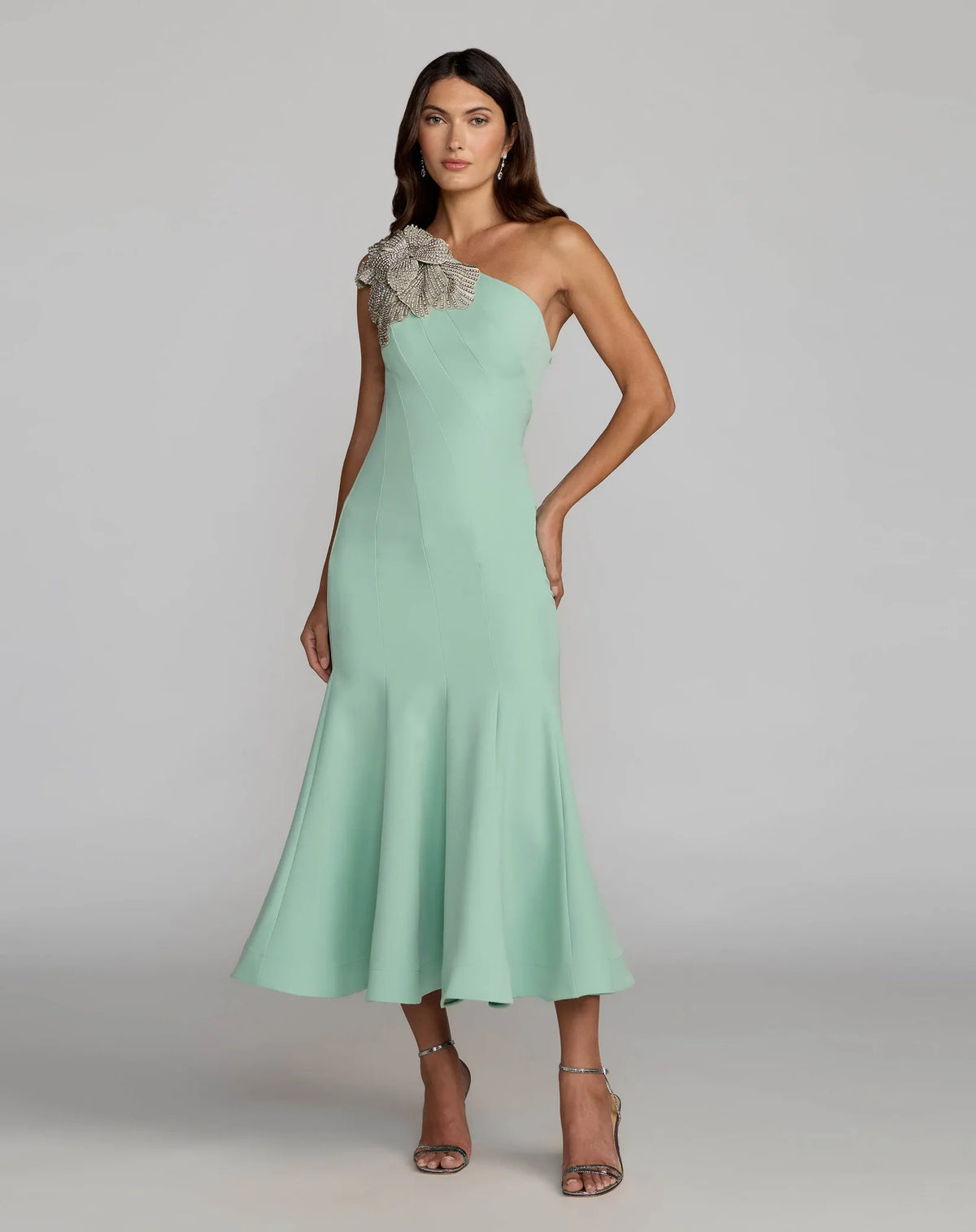 Mac Duggal Sage Green Crepe One Shoulder Midi Dress With Flower #13221